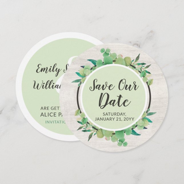 Save The Date Rustic Wood & Eucalyptus Botanical Invitation (Front/Back)