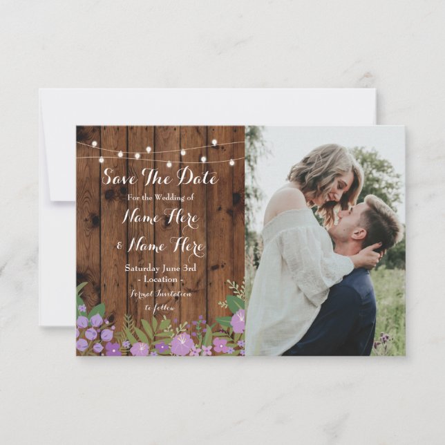 Save The Date Rustic Wood Lilac Flowers Invite (Front)