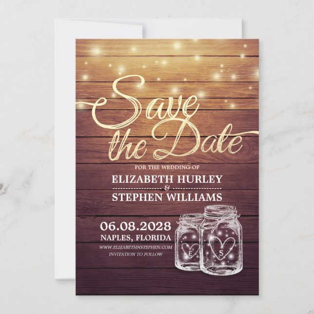 Save The Date Rustic Wood Mason Jar String Lights (Front)