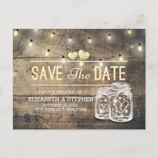 Save The Date Rustic Wood Mason Jar String Lights Announcement Postcard (Front)