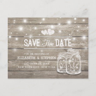 Save The Date Rustic Wood Mason Jar String Lights Announcement Postcard