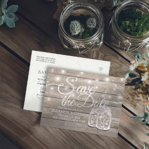 Save The Date Rustic Wood Mason Jar String Lights Announcement Postcard