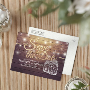Save The Date Rustic Wood Mason Jar String Lights Announcement Postcard