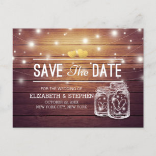 Save The Date Rustic Wood Mason Jar String Lights Announcement Postcard