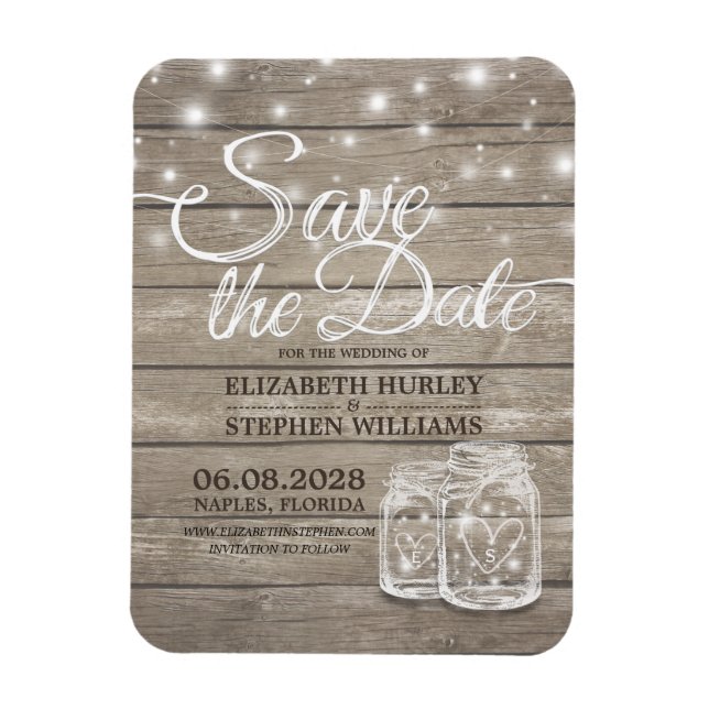Save The Date Rustic Wood Mason Jar String Lights Magnet (Vertical)