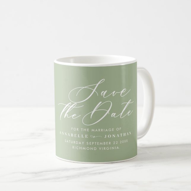Save the date sage green elegant script wedding coffee mug (Front Right)