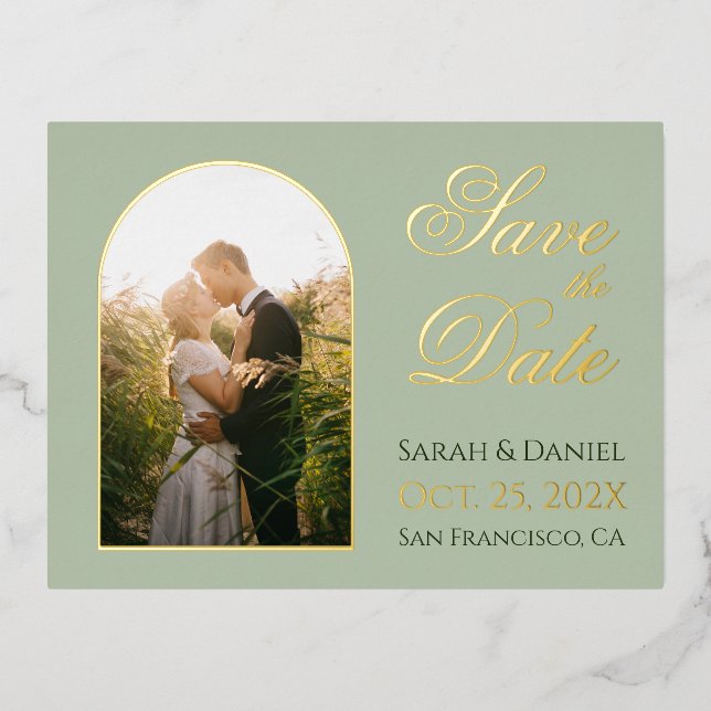 Save the Date Sage Green Photo in Arch Script Gold Foil Invitation Postcard (Front)