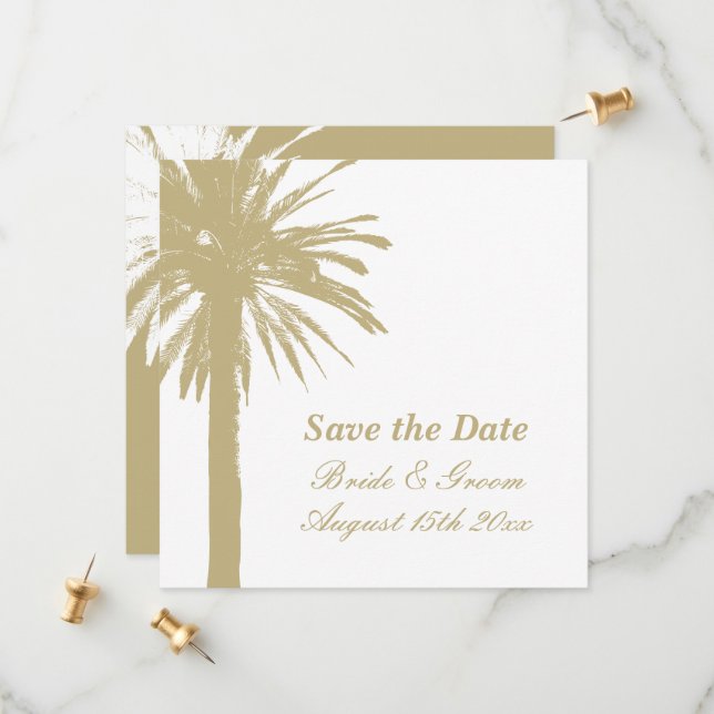 Save the date sandy palm tree beach wedding cards (Front/Back In Situ)