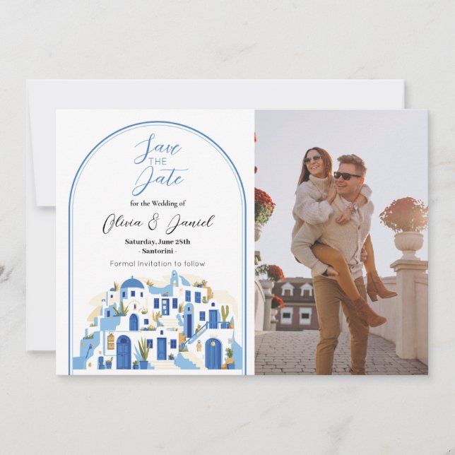Save The Date Santorini Photo Greece Blue White (Front)
