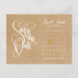 Save the Date Script Calendar Gold Heart Rustic Announcement Postcard
