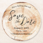 Save the Date Script Faux wood Grain Wedding Round Paper Coaster<br><div class="desc">Make a memorable and unique announcement with this "Save the Date" script faux wood grain wedding round paper coaster. The coaster design features a realistic woodcut disc background print, creating the illusion of rustic wood (note: the wood grain is simulated). This distinctive coaster is the perfect way to set the...</div>