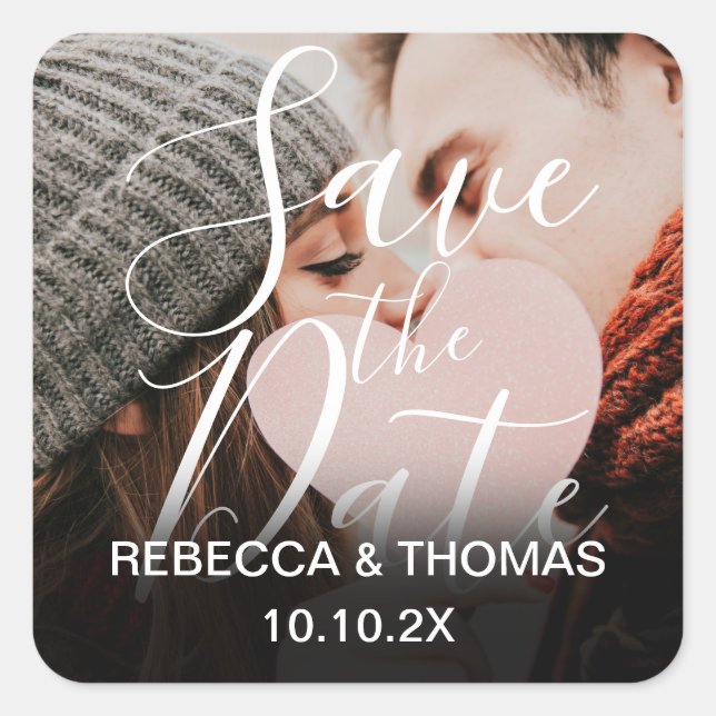 Save the Date Script Personalised Names Photo Square Sticker (Front)