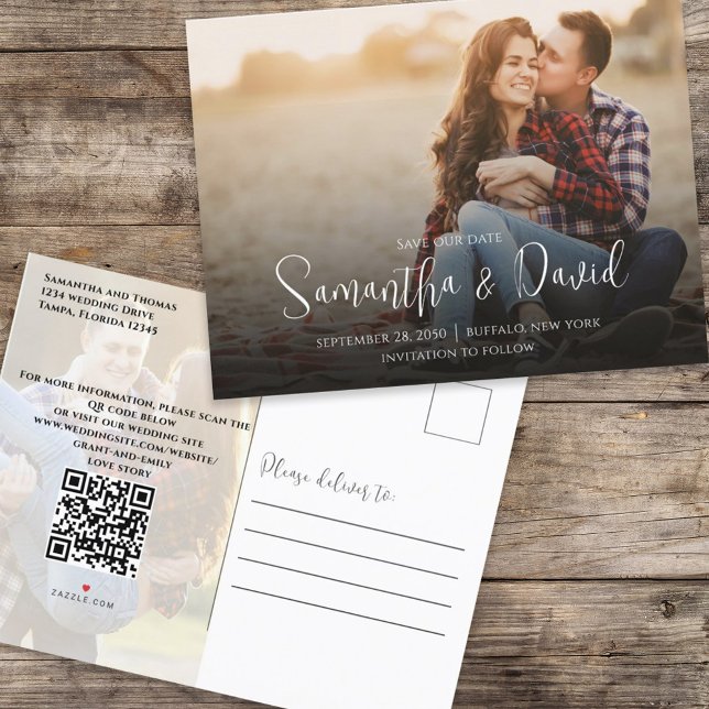 Save the Date Script Photo QR Code Elegant Simple Announcement Postcard (Creator Uploaded)