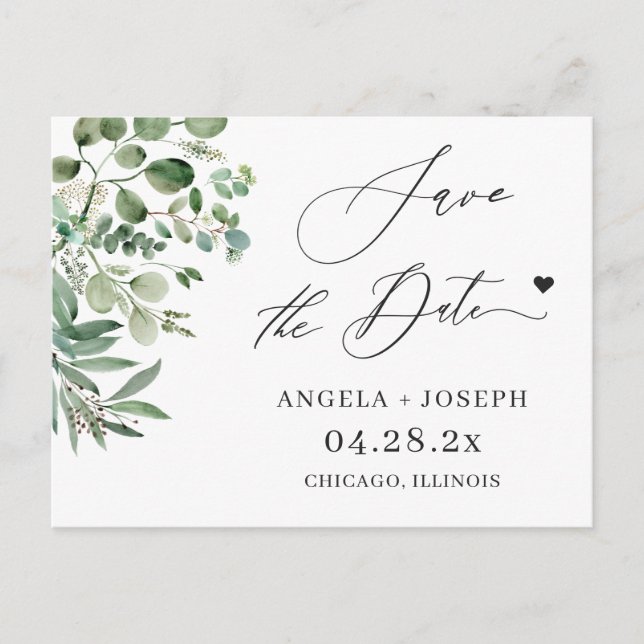 Save the Date Script Simple Elegant Eucalyptus Postcard (Front)