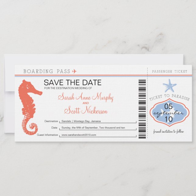 Save the Date Seahorse & Starfish Boarding Pass (Front)