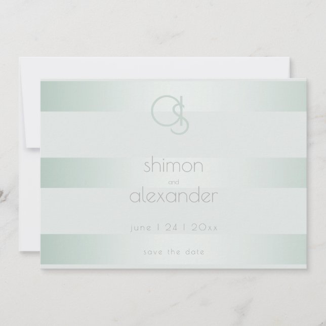 Save the Date | Shimmery Green Stripes Monogram (Front)