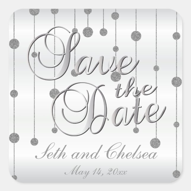 Save the Date Silver and White Satin | Personalise Square Sticker (Front)