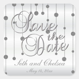 Save the Date Silver and White Satin Personalise Square Sticker
