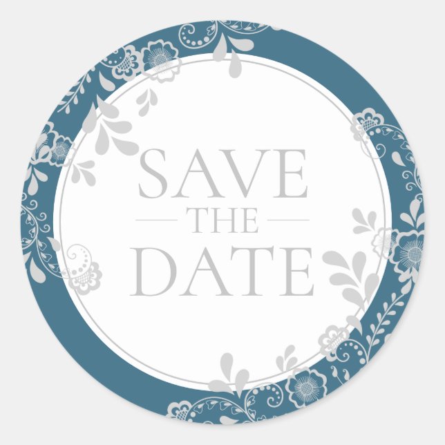 Save the Date Silver Blue Victorian Floral Lace Classic Round Sticker (Front)