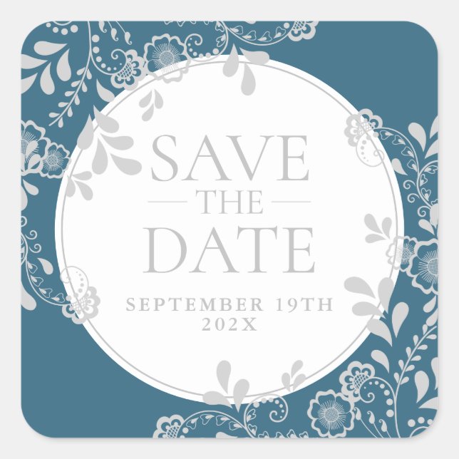 Save the Date Silver Blue Victorian Floral Lace Square Sticker (Front)