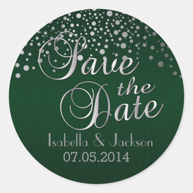 Save the Date | Silver Dots & Green | Personalise Classic Round Sticker (Front)