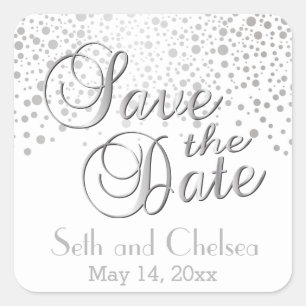 Save the Date Silver Dots   Personalise Square Sticker