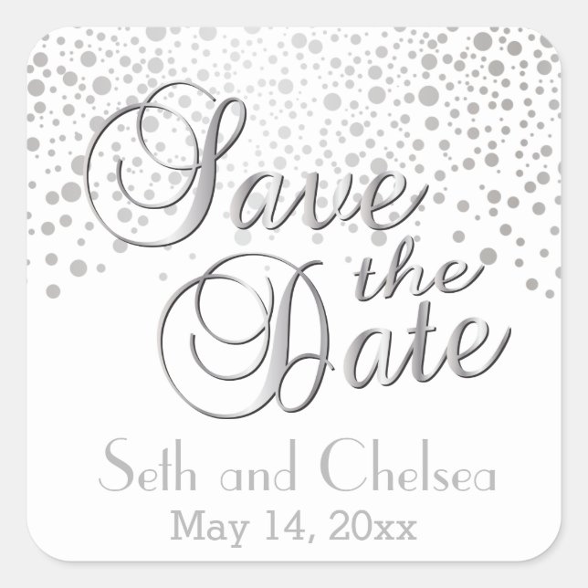 Save the Date Silver Dots | Personalise Square Sticker (Front)