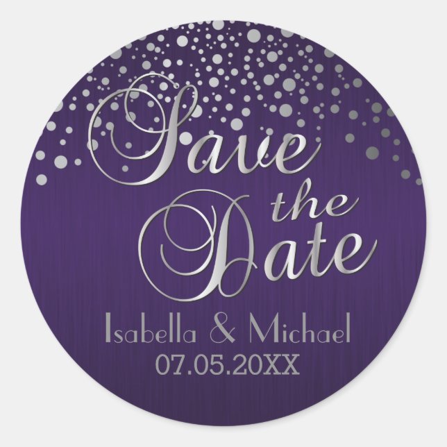 Save the Date | Silver Dots & Purple | Personalise Classic Round Sticker (Front)