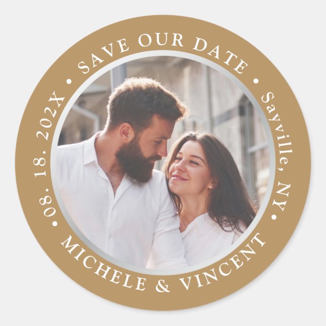 Save The Date Silver Photo Classic Round Sticker (Front)