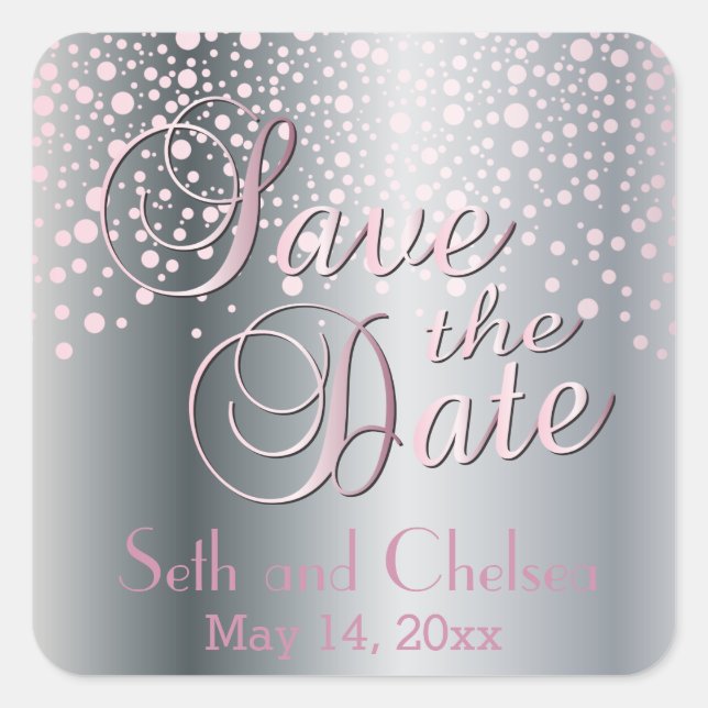 Save the Date Silver & Pink Dots | Personalise Square Sticker (Front)