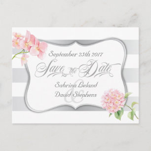 Save the Date Silver Stripes and Pink Hydrangeas Announcement Postcard