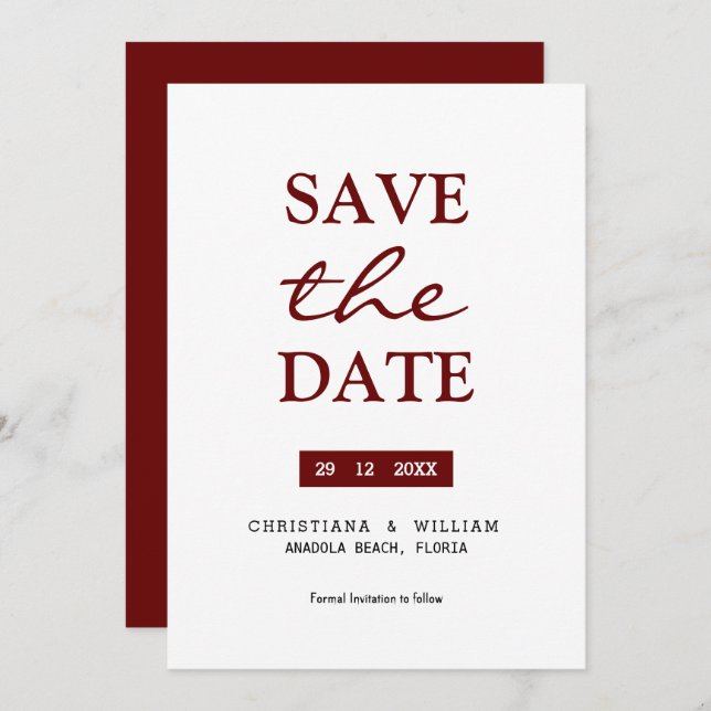SAVE THE DATE' Simple Burgundy Red text Invitation (Front/Back)