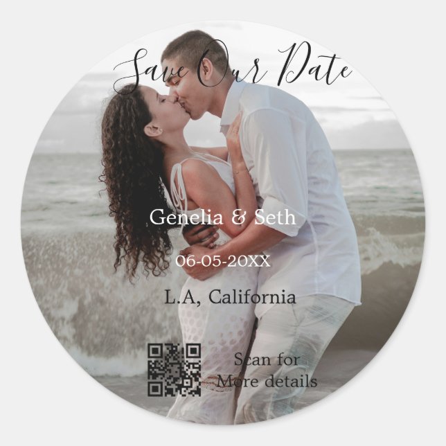 Save the date simple minimal QR scan code details  Classic Round Sticker (Front)