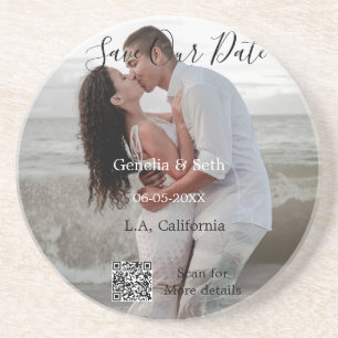 Save the date simple minimal QR scan code details  Coaster