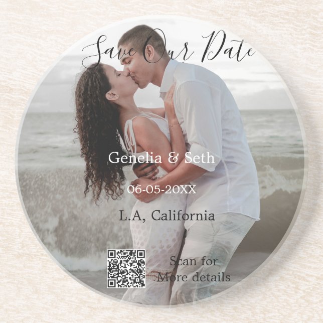 Save the date simple minimal QR scan code details  Coaster (Front)