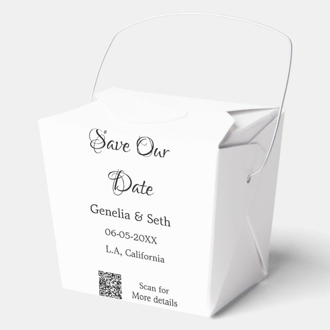 Save the date simple minimal QR scan code details  Favour Box (Front)