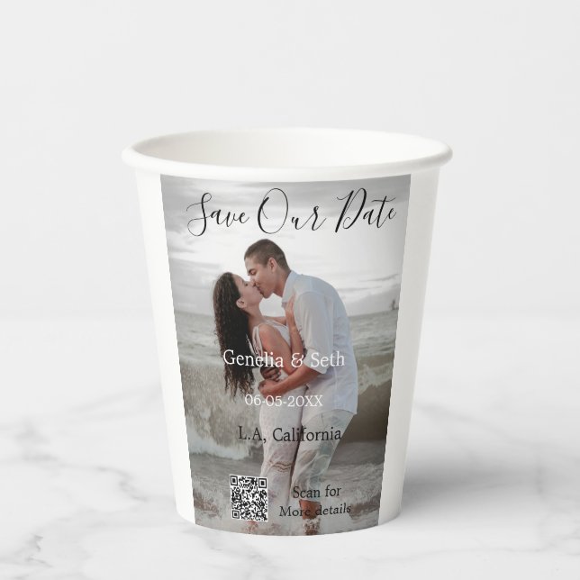 Save the date simple minimal QR scan code details  Paper Cups (Front)