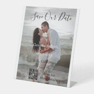 Save the date simple minimal QR scan code details  Pedestal Sign