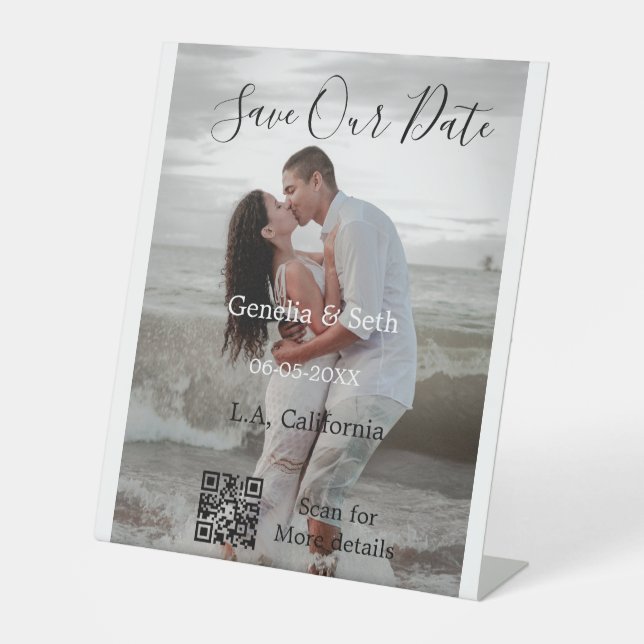 Save the date simple minimal QR scan code details  Pedestal Sign (Front)