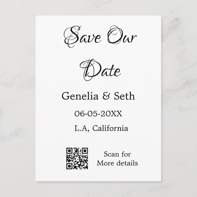 Save the date simple minimal QR scan code details  Postcard (Front)