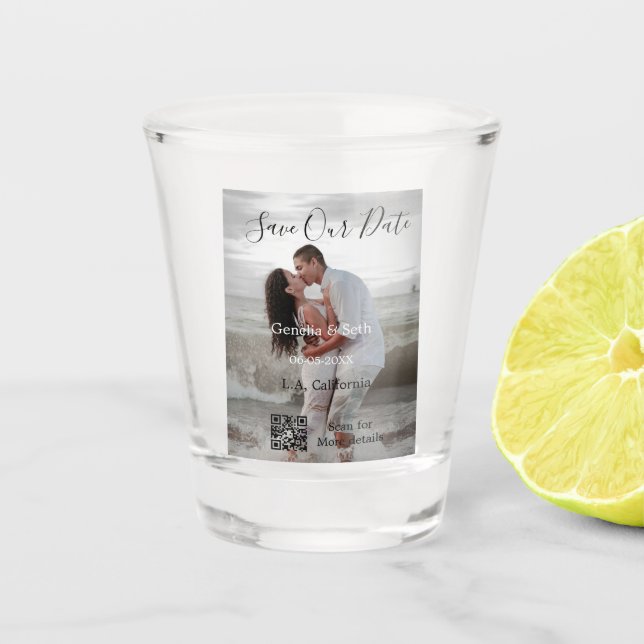 Save the date simple minimal QR scan code details  Shot Glass (Front)