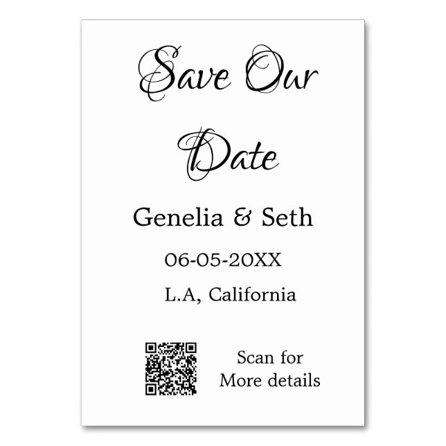 Save the date simple minimal QR scan code details  Table Number (Front)