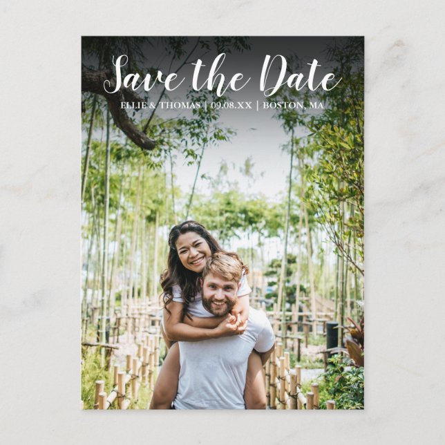 Save the Date Simple Modern Script Photo Postcard (Front)