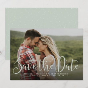 Save the date simple script light green photo card