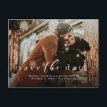 Save the date simple script photo announcement postcard<br><div class="desc">This one-photo horizontal postcard is the perfect way to announce your engagement. With classic and elegant typography, this save the date also has room on the back for a custom message and any details you'd like to share with guests. The with text is at the bottom of the image along...</div>