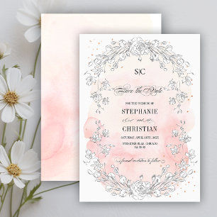 Save the Date.Sketched Floral Blush Pink Wedding Invitation