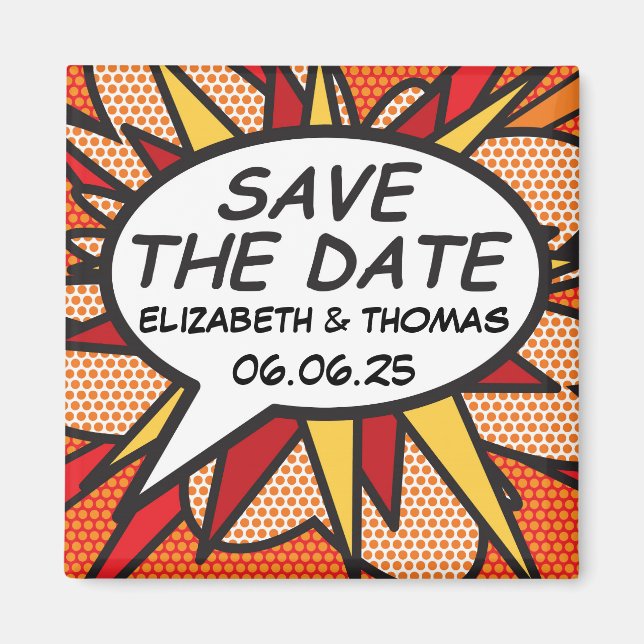 Save the Date Speech Bubble Fun Comic Book Magnet (Front)