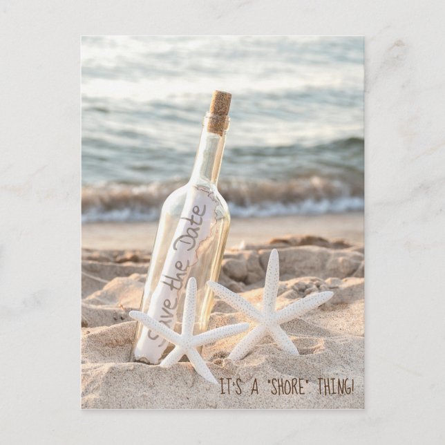 Save The Date starfish and message in a bottle Announcement Postcard (Front)