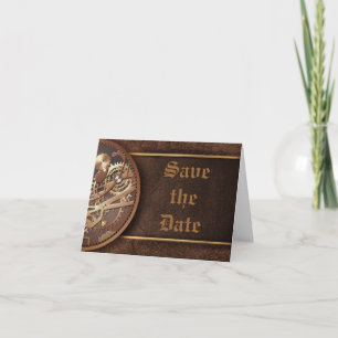 Save the date steampunk gears gold brown announcement
