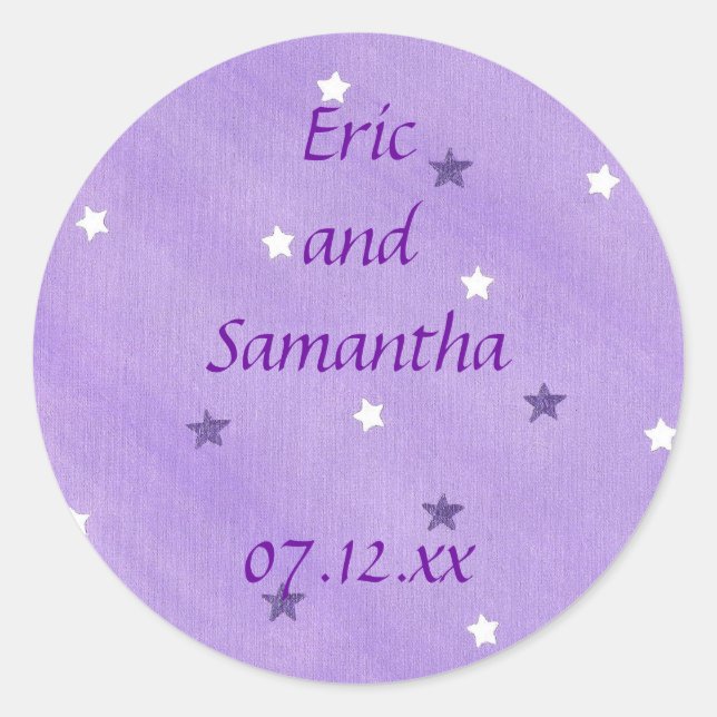 Save the date stickers, purple and white stars classic round sticker (Front)